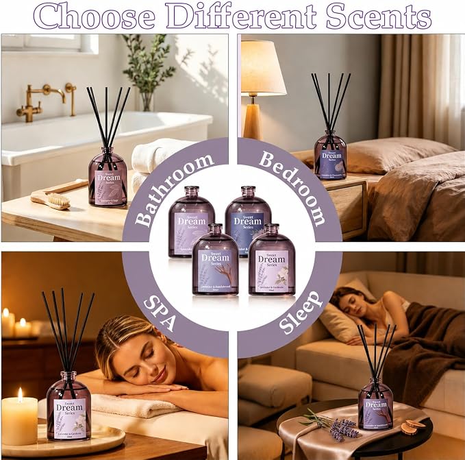 STRN Reed Diffuser Sets, Lavender Scented Oil Diffuser, Fragrance Reed Diffuser with 24 Sticks, 6.8 Fl.oz (200ml), 4 Scents Long-Lasting Air Freshener for Bedroom Bathroom Home Décor