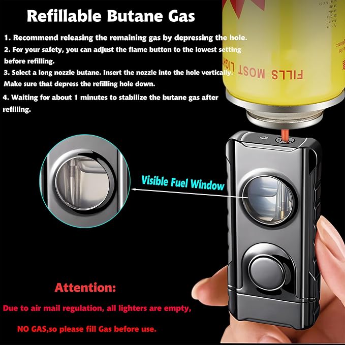 Torch Lighter, Creative Dual Flame Lighter with 6pcs Flint Stone, Windproof Lighter with Visible Fuel Tank, Adjustable Soft Flame and Jet Flame 2 in1,Refillable Butane Lighter for Gifts Men-Ice Black