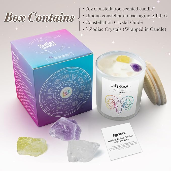 Aries Gifts for Women, Zodiac Aries Candle with Healing Crystals,Aries Birthday Gifts for Women, Mom, Sister, Friends, Meditation, Yoga, Relaxation (7oz)