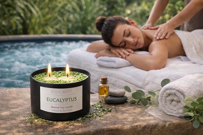 Eucalyptus Soy Candle – 8 oz Aromatherapy Spa, Fresh Eucalyptus Scent, Clean Burning Hand-Poured Candle for Relaxation, Home & Bathroom Décor – Aqua MARR
