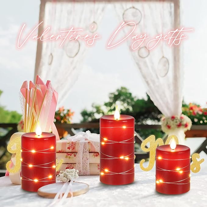 Upinmz Red Flameless Candle with Remote Control and Timer,Flickering Battery Operated Candles with String Lights,LED Pillar Candles,Set of 3