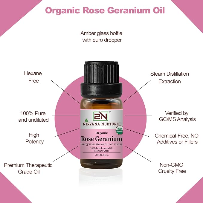 Rose Geranium Essential Oil, USDA Certified Organic, 100% Pure Undiluted, Aromatherapy Oil for Diffuser, Hair & Skin Care