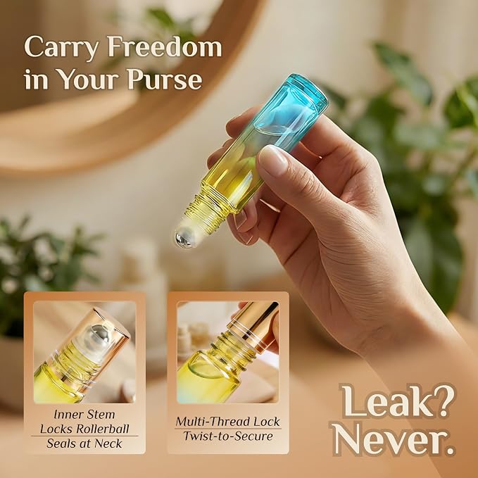 PrettyCare 4 Pack, 10 ml Essential Oil Roller Bottles with Stainless Steel Roller Ball - Refillable Leak-proof Empty Thick Blue& Yellow Glass Roll on Bottles with Golden Caps for Travel, Perfume