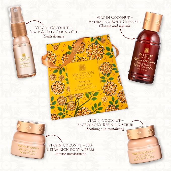 Spa Ceylon Ayurveda Virgin Coconut Discovery Set – 4-Piece Natural Body & Hair Gift Set – Body Cleanser, Ultra-Rich Body Cream, Hair Oil & Face Body Scrub, Cold Pressed Ceylon Coconut