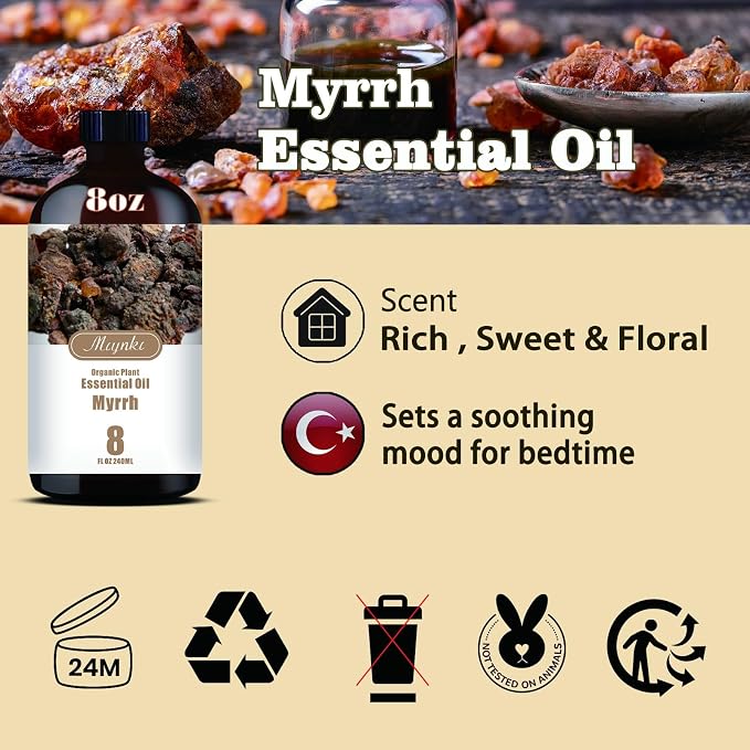 Myrrh Essential Oil 8 fl oz + 0.33 fl oz for Diffuser, Massage, DIY Soap, Candle