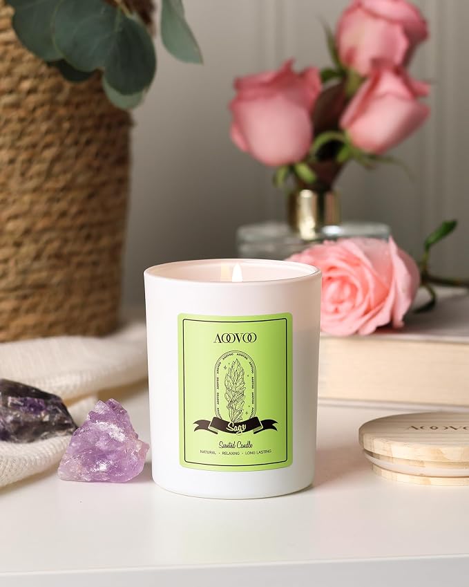 AOOVOO Sage Scented Candles for Women - Aromatherapy Candle with Crystals Inside, 7oz Soy Candles for Home Scented, Mothers Day Birthday Gifts Mothers Day Candle for Women Mom