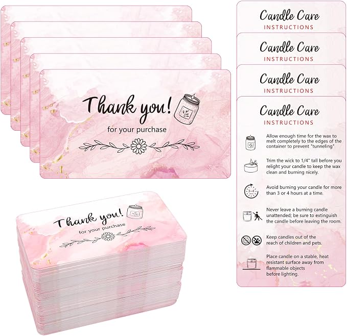 240 PCS Handmade Candle Care Instruction Cards 3.5 x 2 Inches Scented Candles Certified Cards for Candle Makers Soy Bees Wax Coconut Essential Oils Romantic Pink