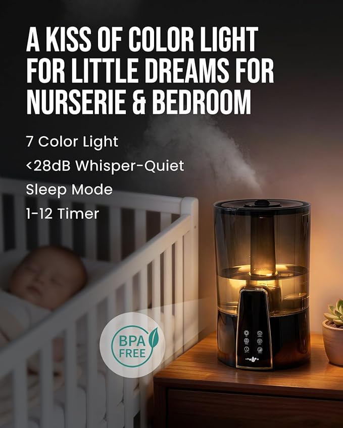 YOKEKON Humidifiers for Bedroom,1.06Gal(4L) Dishwasher Safe Design Easy to Clean,Top Fill,Night Light,Aroma Diffuser,Humidity Control,12H Timer,Sleep Mode,3 Level Mist,360° Nozzle,Home,Nursery,Black