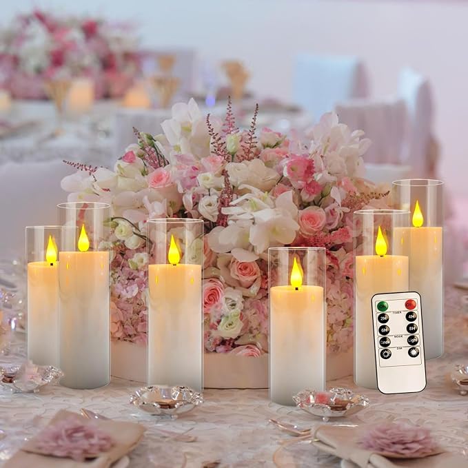 YOROXRG Set of 24 Flickering Flameless Candles Battery Operated with Remote and 2/4/6/8 H Timer Plexiglass Led Pillar Candles with Realistic Moving Wick Candles for Home Decor (D2.2"xH 5"6"7")(White)