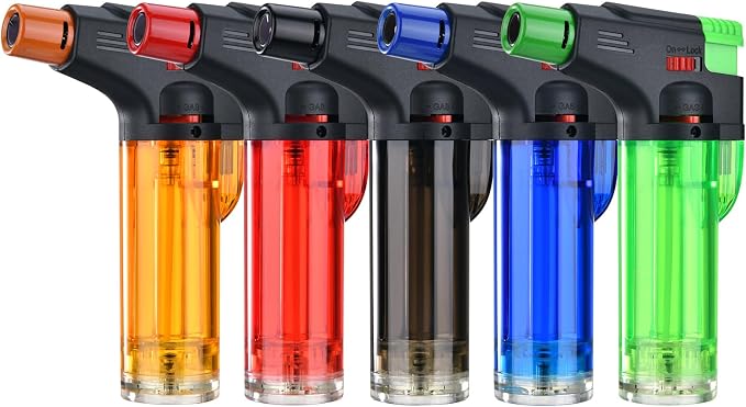 Torch Lighter, 5 Pack, Butane Lighters, Windproof Butane Refillable Jet Torch Flame Gas Lighter, Multi Utility Lighters for Candles Fireplaces Campfires BBQ Grill Pilot Lights (Without Fuel)