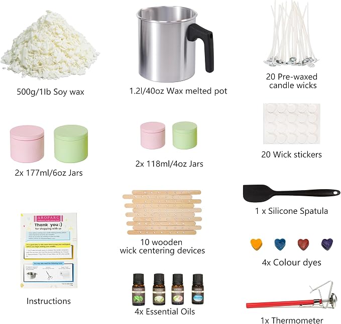 Aroparc Complete Candle Making Kit for Adults, Complete Candle DIY for Beginner - Soy Wax, Scent, Pouring Pot, Wicks and Stickers, Tins, and More