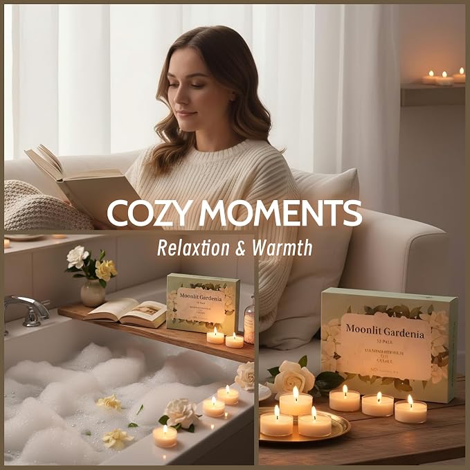DEVI Moonlit Gardenia Highly Scented Tea Lights Candles 48 Pack, 5-6 Hours Natural Palm Tea Candles for Home Scented, Small Cream Votives with Essential Oils for Home Aromatherapy,Gifts for Woman