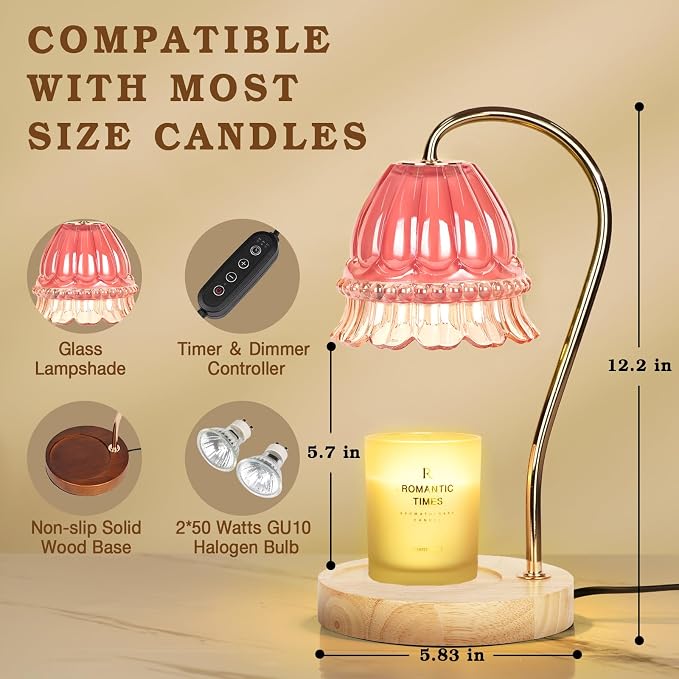 Funistree Flower Candle Warmer Lamp with Timer, Dimmable Candle Lamp Warmer, Christmas Birthday Gifts for Women Mom Her, Housewarming Home Decor, Lotus Wax Warmer for Yankee - Pink Flower 10 Inch