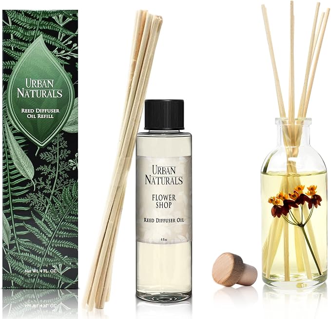 Urban Naturals Reed Diffuser Oil Refill Flower Shop, Violets, Daisies, Hyacinth, Rose Petals, 4 oz + Free Reed Sticks, Made in the USA