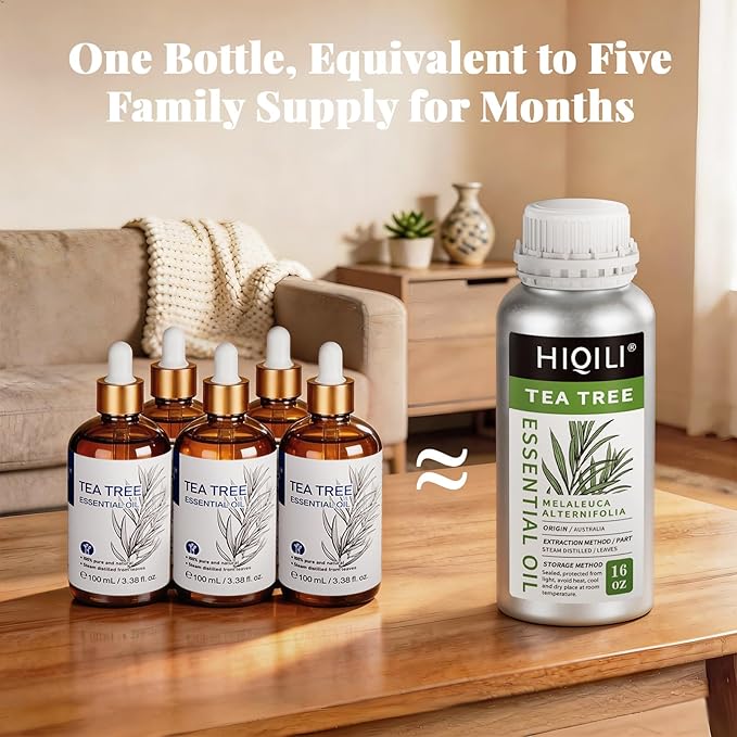 HIQILI Tea Tree Oil 16 Fl Oz, for Skin, Hair, Nail, Diffuser, Soap Making, Includes Two Portable Decanters