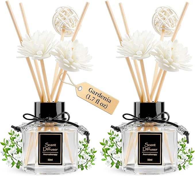 TonJin 2PCS Gardenia Reed Diffuser Set 1.7 fl oz with 6 Scent Sticks, White Floral Home Fragrance, Natural Scented Oil Sticks for Bathroom, Living Room & Bathroom | Non-Toxic Air Freshener
