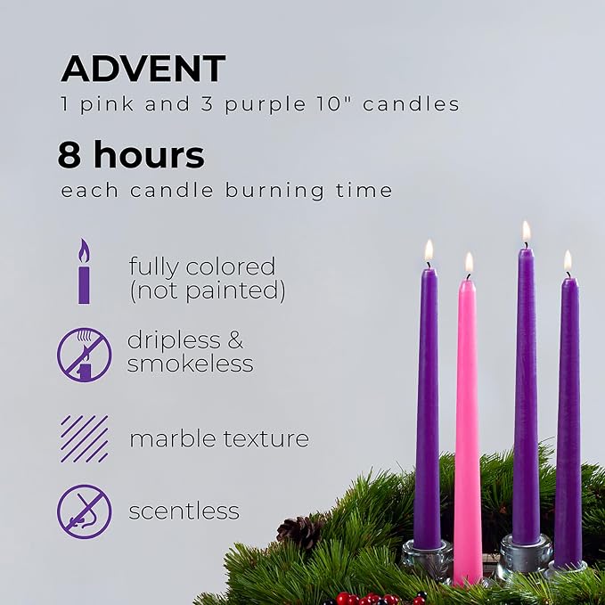 CANDWAX 10 Inch Advent Taper Candles Set of 4 - Long Burning Dripless Unscented Tapers - Perfect for Advent Wreaths, Christmas Décor - 3 Purple Tapers, 1 Pink Tapered Candle