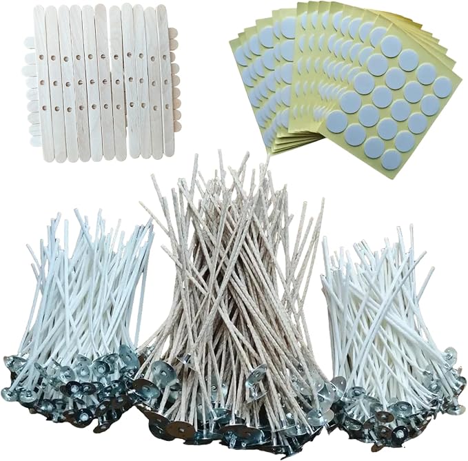 Candle Wicks for Candle Making, 200Pcs 6 Inch + 100Pcs 8 Inch Pre-Waxed Cotton Candle Wicks Kit with 300Pcs Wick Stickers, 20Pcs Candle Wick Holders & Clips, Candle Making Supplies for DIY Candles