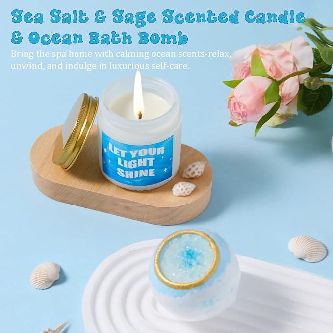 Gifts for Women, 10pcs Ocean Themed Happy Birthday Gifts for Women, Gift Basket Filled with Beach Lover Essentials Blue Ideas Inspirational w/ Seashell Tote Bag Thinking of You for Mom Sister Friend