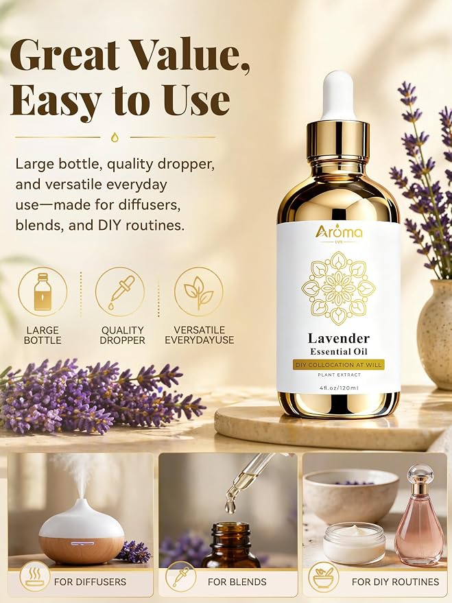Lavender Essential Oil 4 Fl Oz | Smells like fresh lavender blooms with soft woody notes and a subtle herbal bitterness