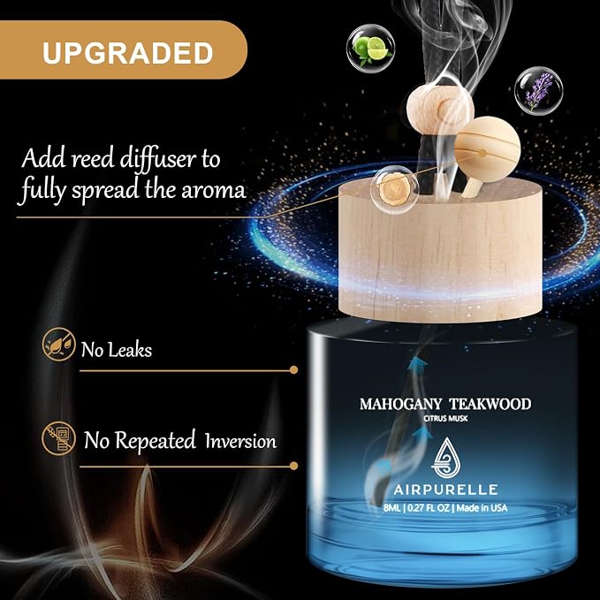 Car Air Freshener Hanging 2 Pack Car Air Fresheners Diffuser - Mahogany Teakwood Fragrance Oil Air Diffuser for Car, 45+ days Long Lasting Car Fresheners Fragrance, Two 0.27 FL OZ/8ML Made in USA