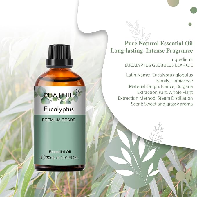 PHATOIL Eucalyptus Essential Oil 30ML, Pure Eucalyptus Essential Oils for Diffuser, Humidifier, Aromatherapy, Perfect for DIY Soap, Candle, Bath Bombs Making