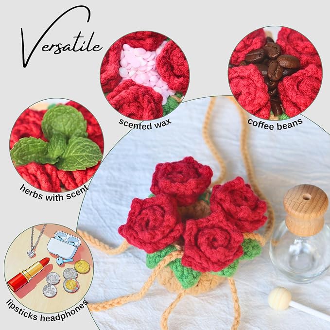 ROFIGL Handmade Crochet Hanging Car Air Freshener - Romantic Red Rose Design, 12ml Refillable Thick Glass Bottle, Car Diffuser for Rearview Mirror, Home & Office Romantic Decor