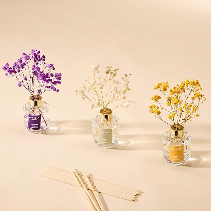 Airkeep Reed Diffuser Set of 3,Clean Linen Cashmere Vanilla Lavender Garden Oil Reed Diffusers for Bedroom Living Room Office Aromatherapy Oil Reed Diffuser for Gift 50ml x 3
