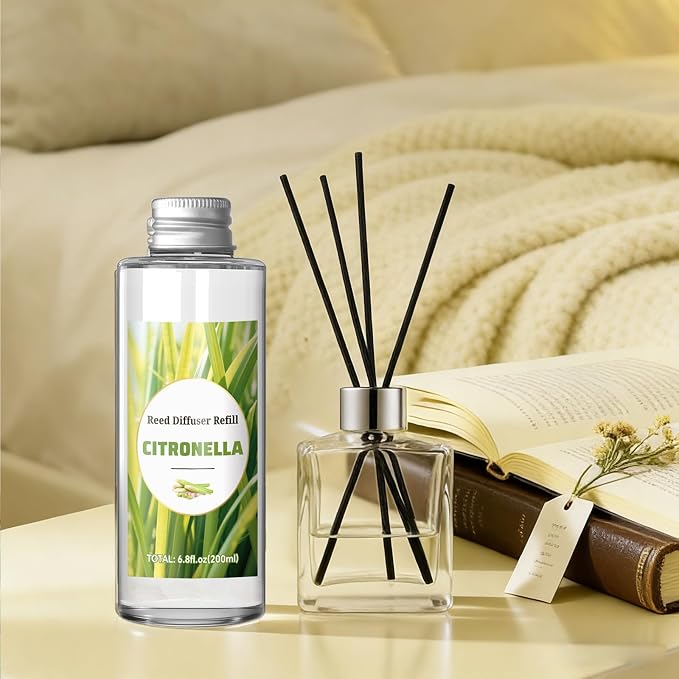 STRN Citronella Reed Diffuser Oil Refill, Lemongrass Scent 200ML(6.8fl.oz) with 6 Sticks, Air Freshener Long-Lasting Aromatherapy Reed Diffuser Set for Summer Home, Bedroom, Spa, Bathroom