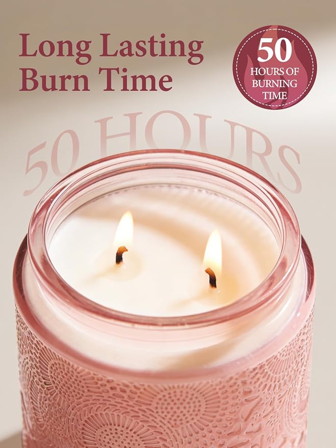 Cirhy Rose Scented Candle, Pink Candle for Women – Natural Soy Wax, Dual Cotton Wicks, 50-Hour Long Burning, Perfect Birthday, Christmas & Holiday Gift for Her, Home Fragrance 7.4 oz