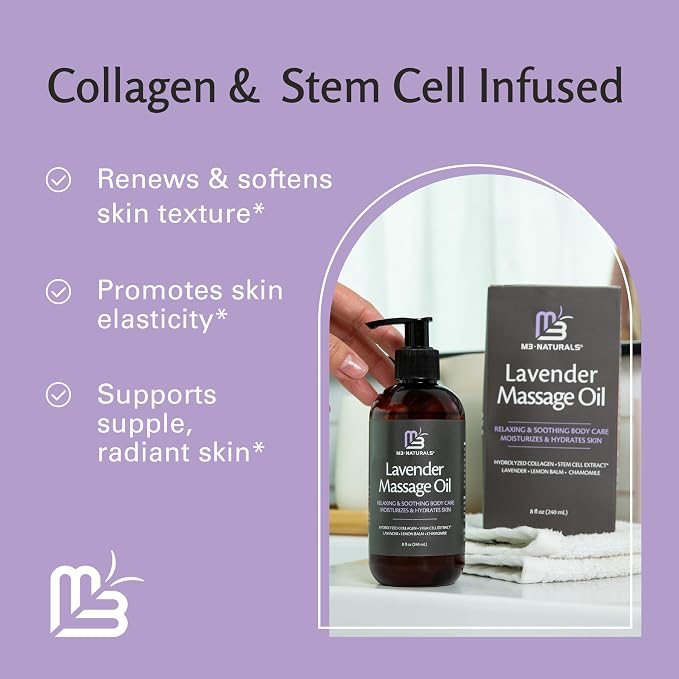 Lavender Sensual Massage Oil with Collagen and Stem Cells, Skin Tightening Therapy for Bum, Thighs, and Belly, Fast-Absorbing Cellulite Oil, 8 fl oz by M3