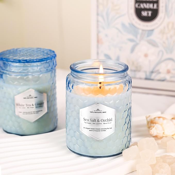 Lake Blue Candles for Home Scented, 6 Pack of 5.5 Oz Natural Soy Wax Candles in Decorative Glass, Home Aromatherapy Gifts Sets for Women Birthday Christmas Refresh & Relaxation