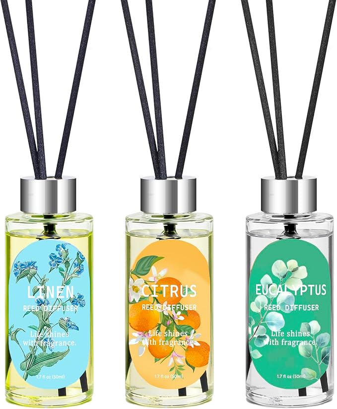 Reed Diffuser Set of 3, Eucalyptus, Linen & Citrus Scented Oil Diffusers with 15 Reeds, Long-Lasting Home Fragrance for Bedroom & Bathroom Decor, 1.7 fl oz Each, Total 5.1 oz