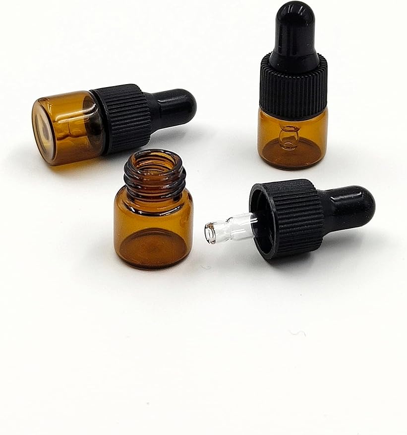 15Pcs 1ml Empty Tiny Amber Glass Mini Dropper Bottles for Essential Oils, Fragrances, and Other Liquids, with Dropper and Black Caps Travel Sample Vials
