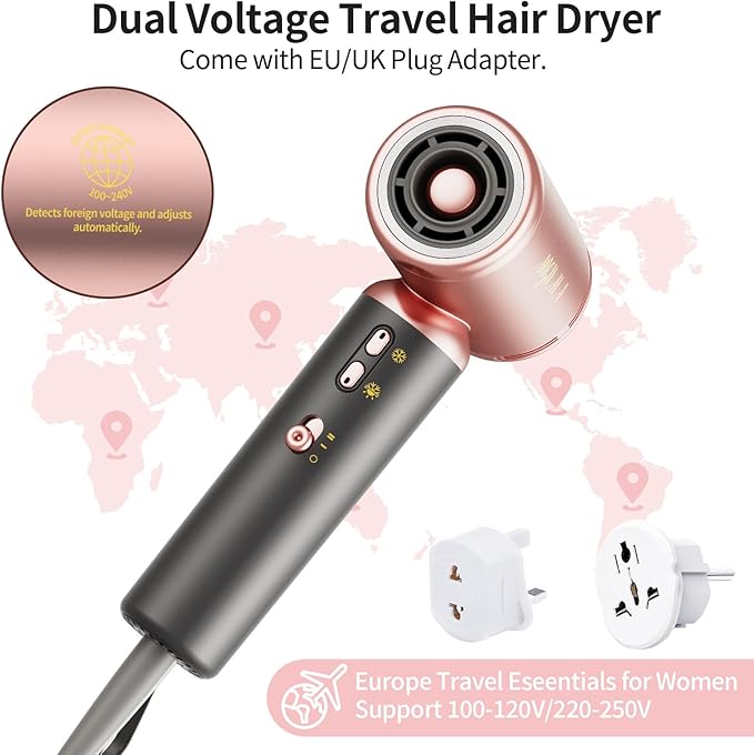 Dual Voltage(100~250V) Travel Mini Hair Dryer with European Plug Adapter for International Travel, 110,000 RPM High-Speed Portable Hair Dryer with Concentrator Nozzles