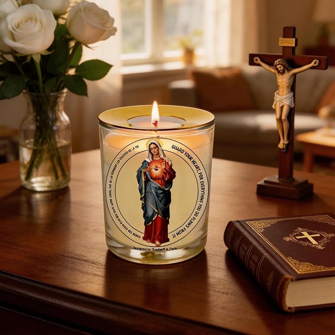 Immaculate Heart of Mary Devotional Candle 50 Hours with Warmer Ring│Hand-Poured Soy Wax│Sinless, Pure, and All‑Loving Heart, Faith, Hope, and Charity, Mother of The Church│Design in Paris│3“×3.6”