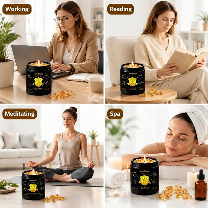 Gemini Birthday Gifts for Women | Zodiac Crystal Candle with Genuine Citrine Healing Crystals, Lemon Scented Soy Candle 7oz 50 Hour Burn for Anxiety Relief, Unique Astrology Gifts for Gemini