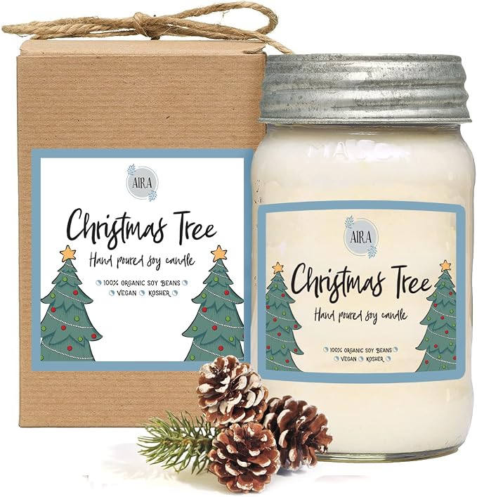 Aira Soy Candles - Organic, Kosher, Vegan, in Mason Jar w/Essential Oils - Hand-Poured 100% Soy Candle Wax - Paraffin Free, 110+ Hours - Pine Scent Holiday Candle - Christmas Tree Scent - 16 Ounces