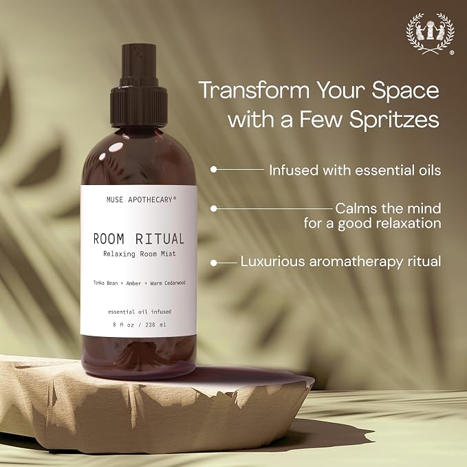 Muse Apothecary Room Ritual - Aromatic and Relaxing Room Mist, Infused with Natural Essential Oils - 4oz, Tonka Bean + Amber + Warm Cedarwood - 2 Pack