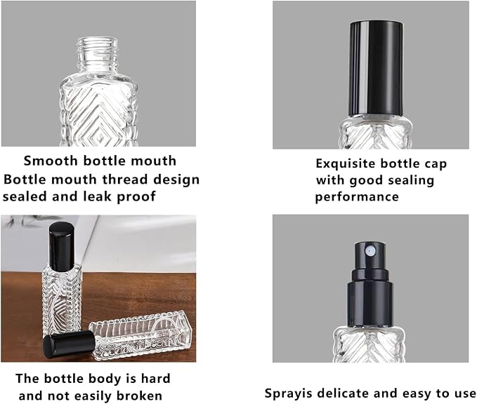 8-Piece Mini Atomizer Set, Refillable Square Glass Bottles, Travel Essential Oil & Perfume Spray Bottles, with Dispenser (15ML/Black)
