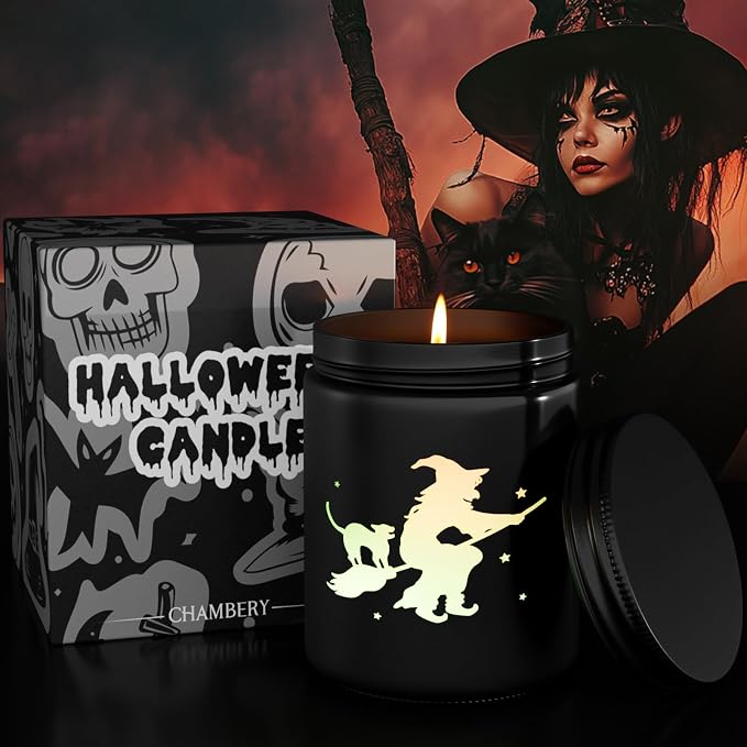 Halloween Decor Indoor-Halloween Gifts Candles for Women with LED Witch, Fall Candles with Apple Cinnamon Scent Over 40 Hours of Burn Time, Gift for Home Fall Decorations Indoor, 100% Soy Wax