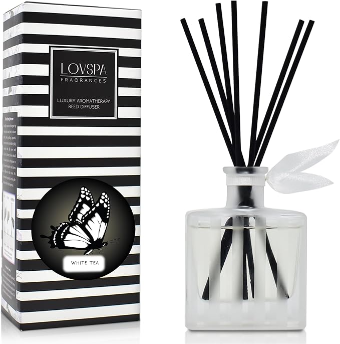 Reed Diffuser Set, White Tea Scented Oil Diffuser with Sticks, Home Fragrance Accessories for Bathroom Shelf Decor, Aroma Diffusers for Home or Office Desk, USA Made