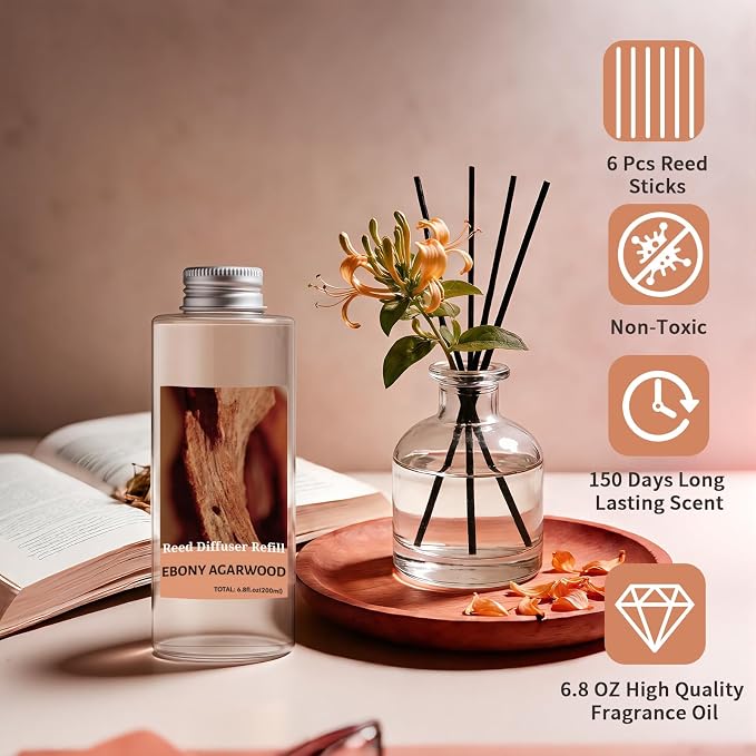 STRN Reed Diffuser Oil Refill, Ebony Agarwood Scented Diffuser Oil Refills with 6 Reed Sticks 200ML(6.8fl.oz), Room Fresheners for Home, Long-Lasting Summer Fragrance for Living Room, Bedroom, Office