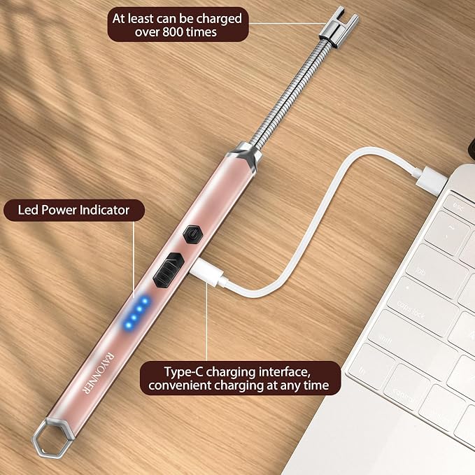 Electric Candle Lighter Long Flexible Neck Windproof Flameless USB Rechargeable Plasma Arc Lighter for Grill Firework Kitchen Camping (Rosegold)