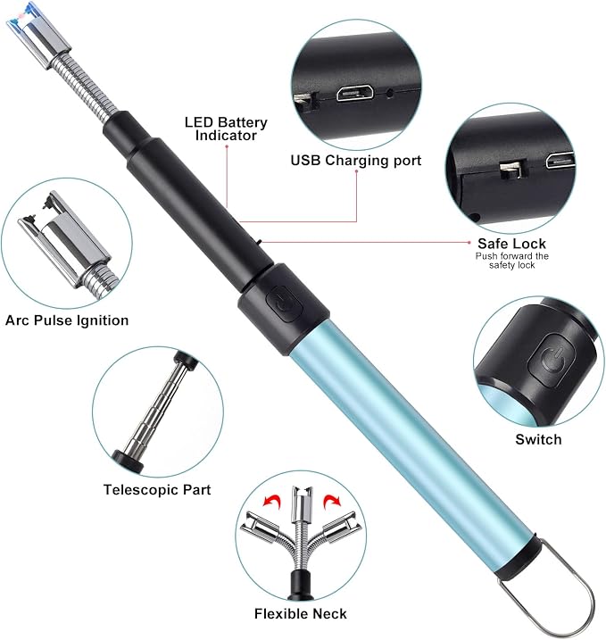 Candle Arc Lighters Long Flexible Neck 70cm Rechargeable Telescopic Electric Flameless Lighter for Kitchen Fireplace Pilot Light BBQ Stove (Blue)