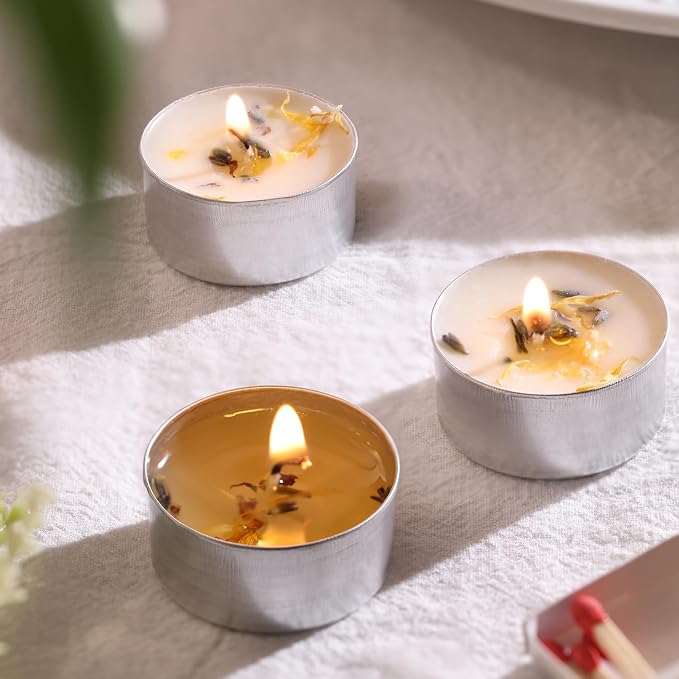 8 Pcs Lavender Scented Tealight Candles, 6H Long Burning - 100% Palm Wax Based Scented Tea Lights with Dried Flowers, Non-Toxic/Smokeless Tea Lights Candles for Spa, Bath, Wedding