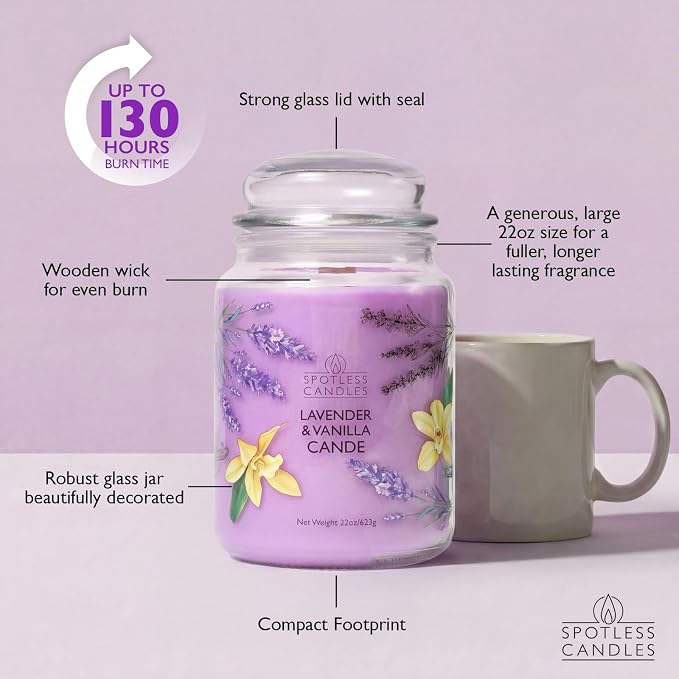 Spotless Leopard Vanilla & Lavender Candle 22oz Glass Jar with Wooden Wick in a Decorated Jar Within a Presentation Gift Box and Protective Shipping Box