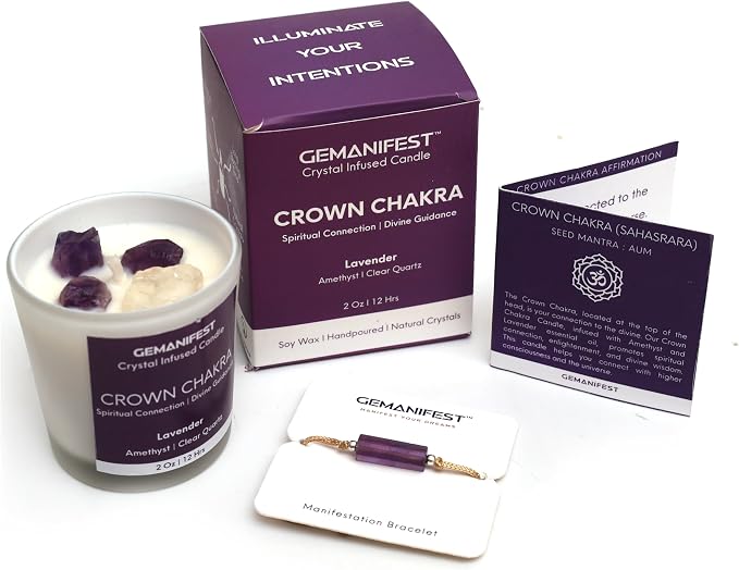 Crown Chakra Meditation Candle with Healing Crystals and Amethyst Bracelet Lavender Candles for Home Relaxing Candles for Women Stress Relief Spiritual Meditation Gifts for Women Men