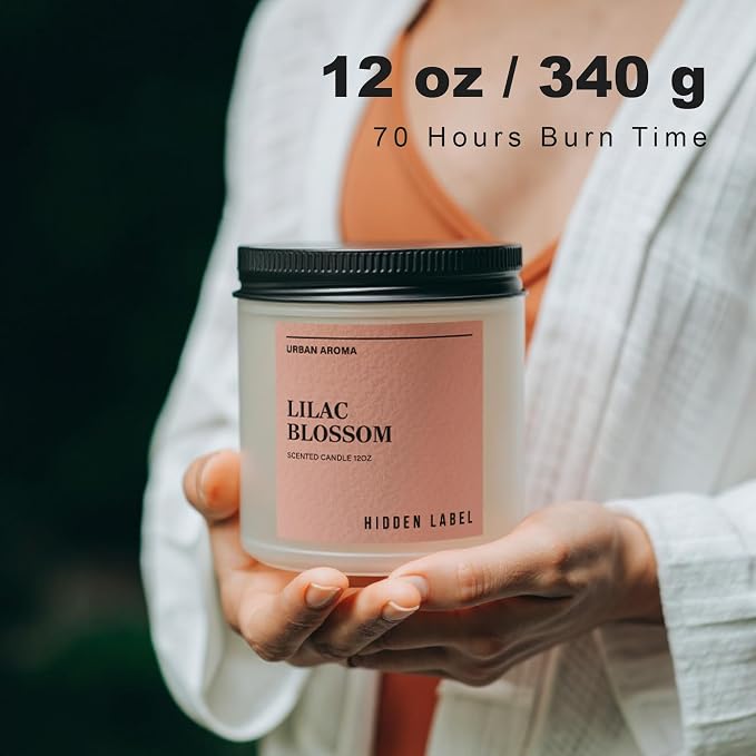 Hidden Label Lilac Blossom Soy Candle, 12oz 2-Wick, 70H Floral Aromatherapy | 100% Natural Wax, Paraben & Phthalate-Free, Clean-Burning | Elegant Decor, Gift-Ready for Spring | Stress Relief & Calming