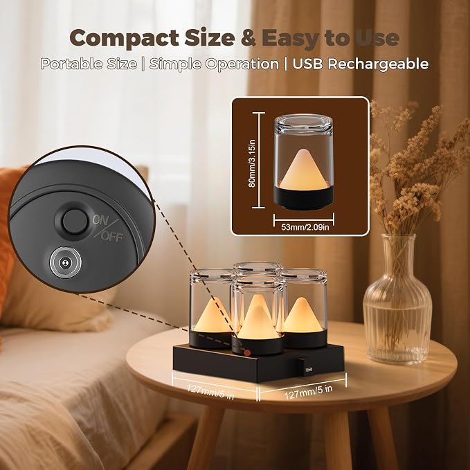 uuffoo Mini Rechargeable Night Lights with Charging Base | 4-Pack Small Transparent Shower Table Lamps with 7 RGB Color Changing, Portable for Bedroom, Living Room, Desks, Restaurant, Camping